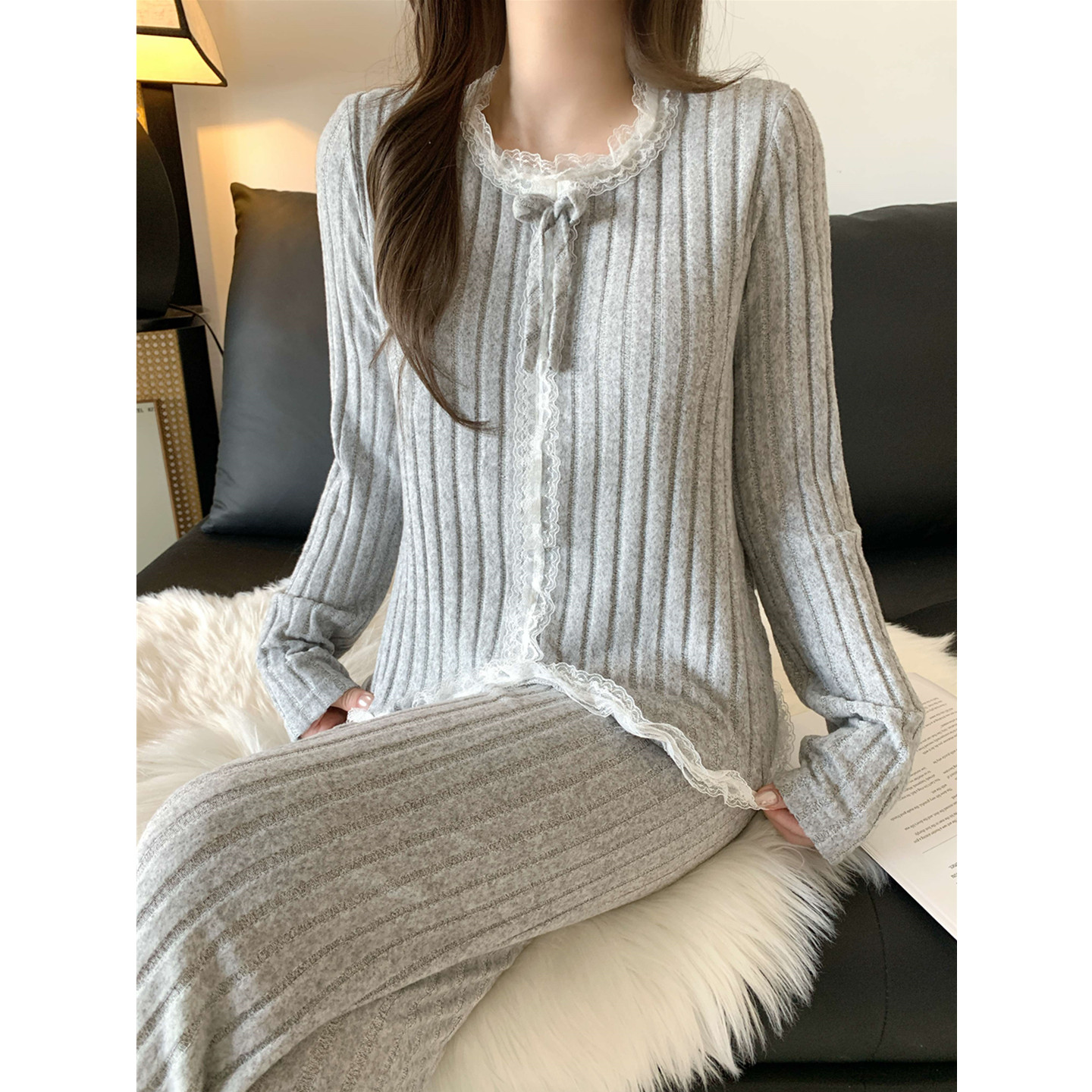 高级感羊绒保暖睡衣女秋冬带胸垫