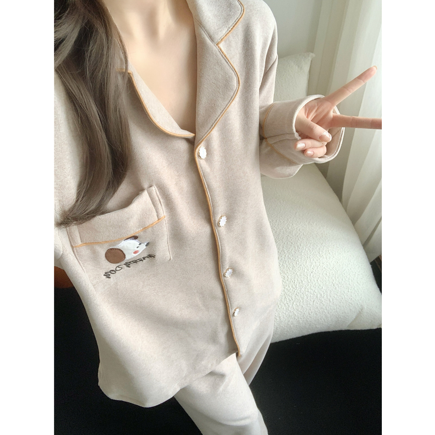 羊绒保暖睡衣女秋冬可爱小狗套装