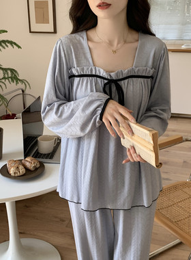 带胸垫睡衣女款春秋季长袖纯棉2025新款甜美公主风蓝色家居服套装