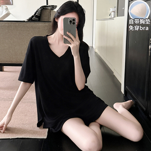 韩系黑色睡衣女款夏季彩棉2026新款简约女士带胸垫短袖套装家居服