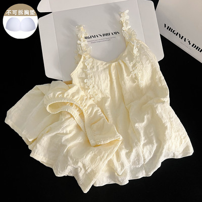 带胸垫睡衣女夏季新款杏色花朵