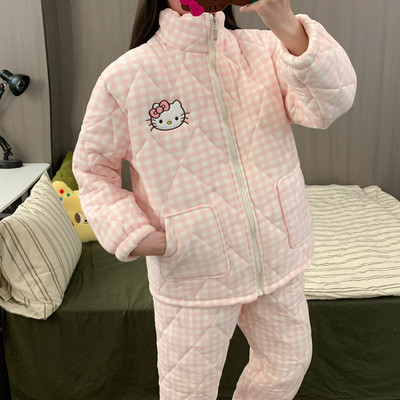 珊瑚绒睡衣三层夹棉加厚格子KT猫