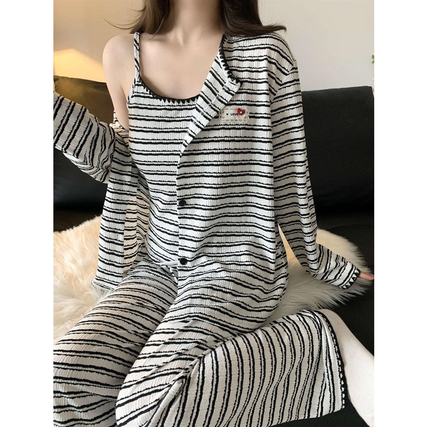 韩系条纹三件套睡衣女款春秋季2026新款性感带胸垫吊带长袖家居服,女士内衣/男士内衣/家居服,睡衣/家居服套装,淘宝优惠券,粉丝福利购,淘宝优惠卷