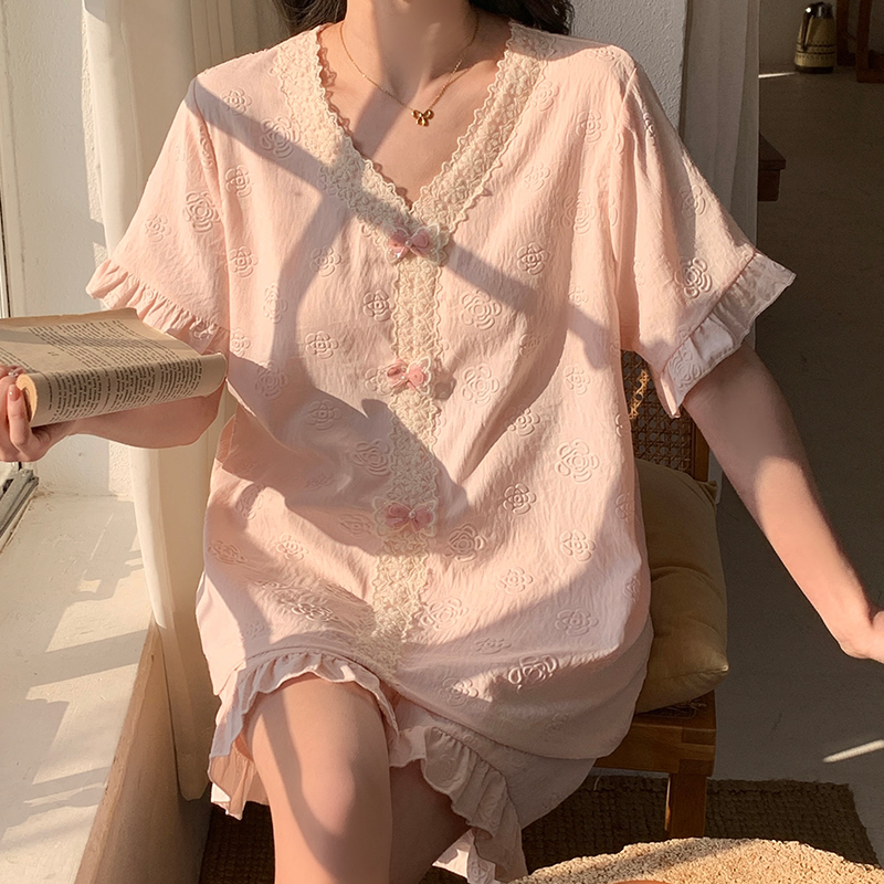 带胸垫睡衣女夏季云朵棉短袖套装