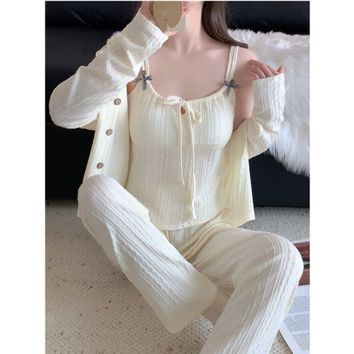 性感睡衣女款春秋带胸垫三件套装