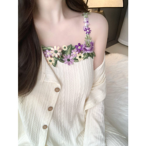纯欲吊带三件套睡衣女花朵带胸垫