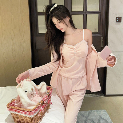 带胸垫睡衣女秋冬季德绒三件套