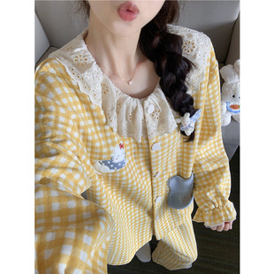 甜美格子花边KT猫睡衣女秋冬季新款空气棉夹层加厚长袖套装家居服