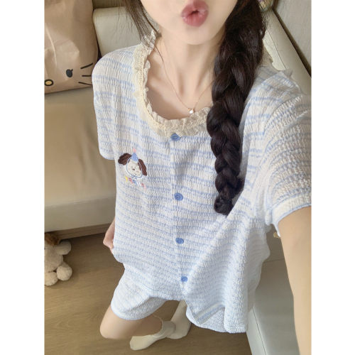 条纹小狗睡衣女夏季花边短袖短裤