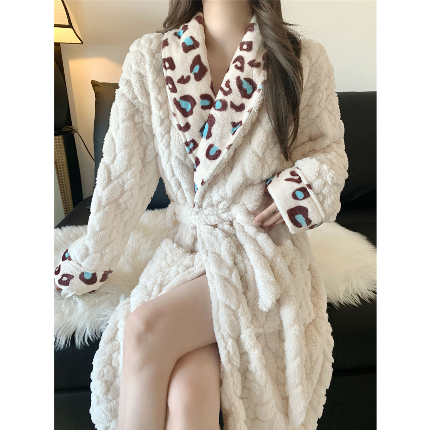 豹纹珊瑚绒睡袍女冬加厚保暖浴袍