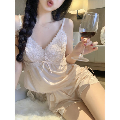 高级感冰丝吊带睡衣女带胸垫套装