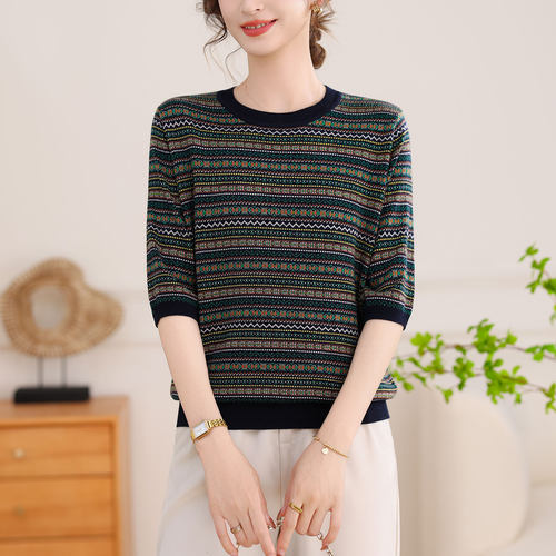 圆领桑蚕丝五分袖t恤上衣女