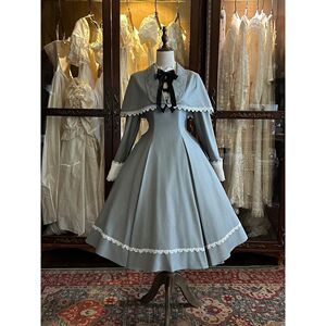 【花园茶会】法式洛丽塔灰色拼接连衣裙女秋冬印花披肩斗篷两件套