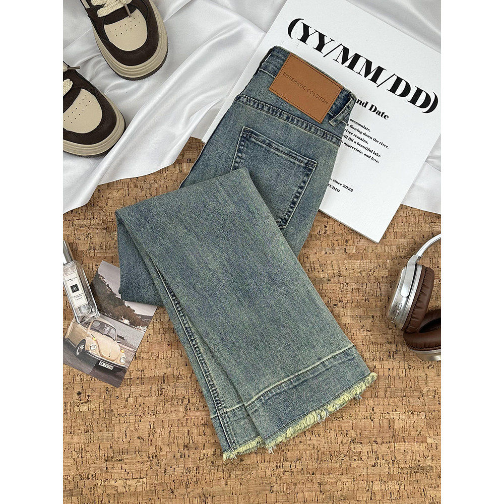 流苏直筒牛仔裤女小个子九分2026春季新款高腰显瘦窄版开叉烟管裤