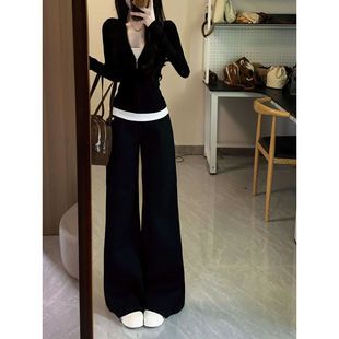 春夏新款韩系慵懒风黑色v领吊带长袖T恤休闲高级感长裤显瘦套装
