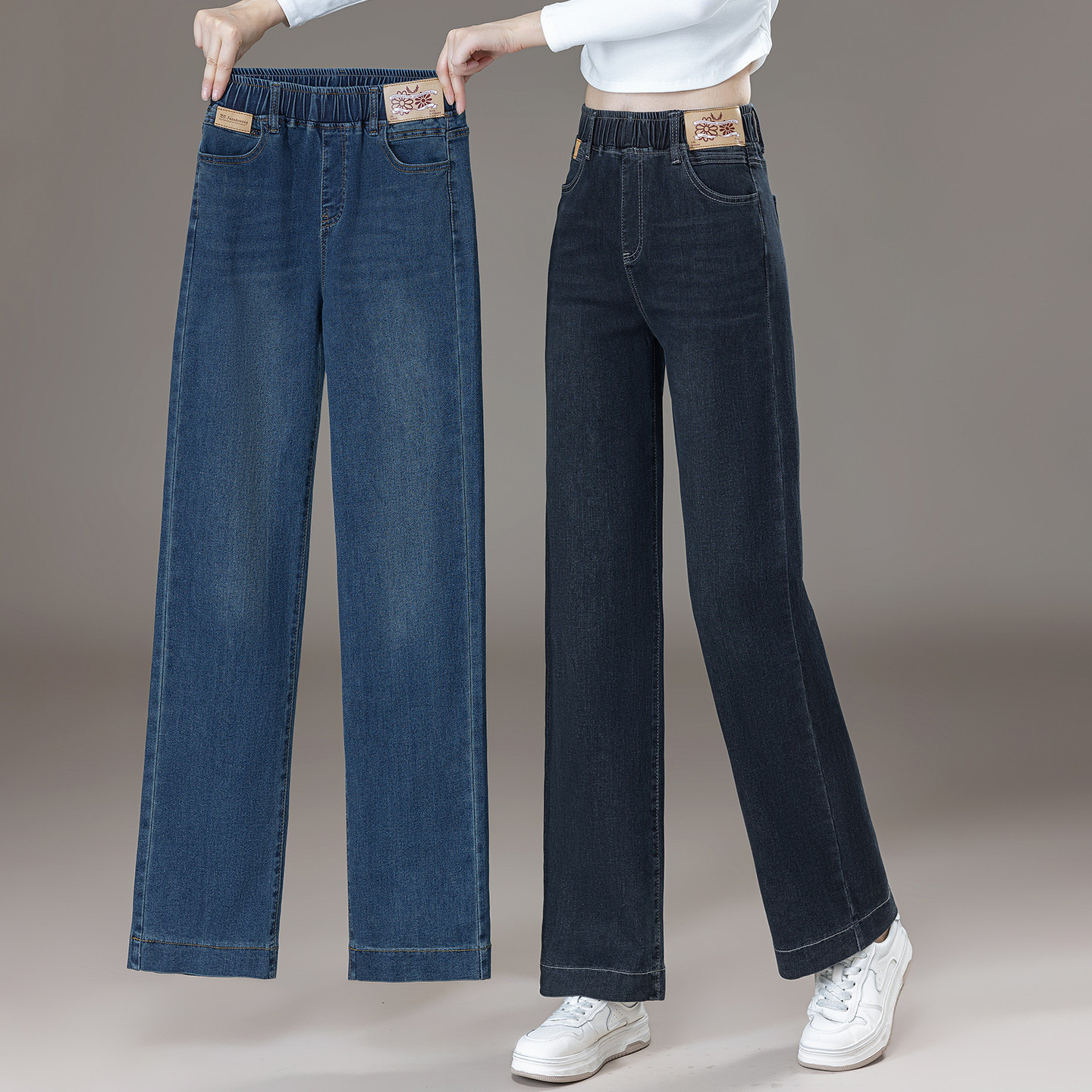 松紧腰直筒牛仔裤女秋季新款宽松垂感小个子高腰大码窄版阔腿裤子