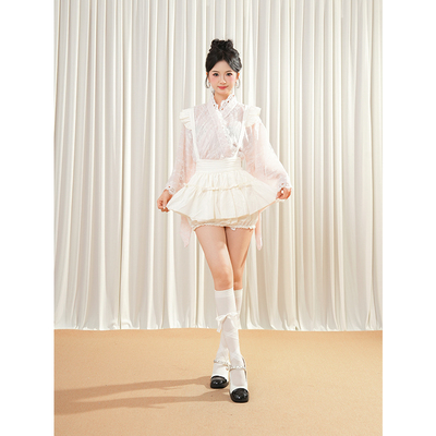 春季新款小个子甜美可爱粉色蕾丝拼接上衣+背带蓬蓬半裙套装