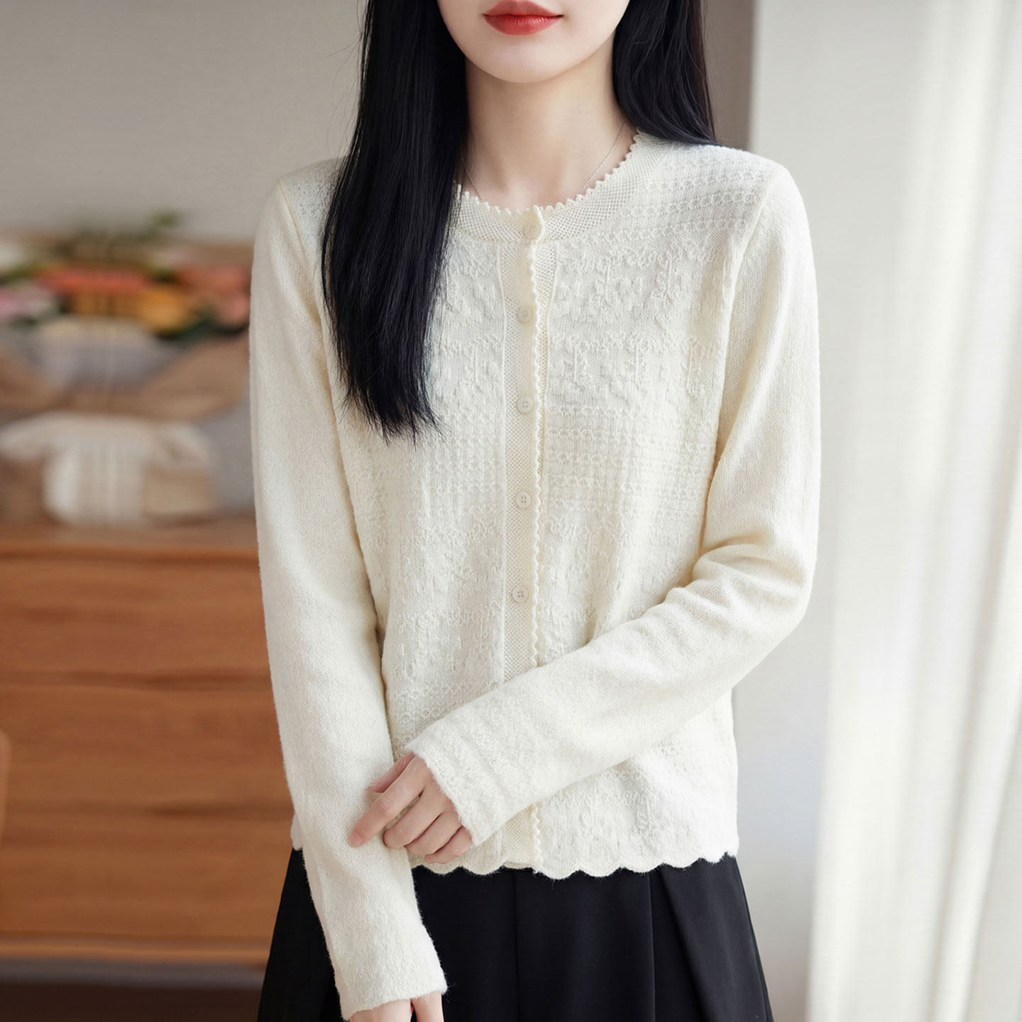 春季新款圆领羊毛针织开衫女士毛衣短款宽松显瘦洋气纯色外搭衫潮