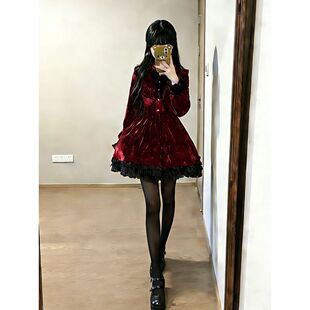 日系Lolita暗黑哥特风doll感血色拼接蝴蝶结天鹅绒长袖 连衣短裙女