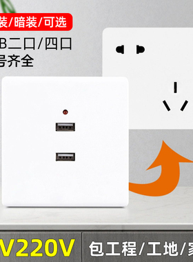 86型明装二孔四孔USB手机充电4位220V转5V工地插座面板低压36V伏