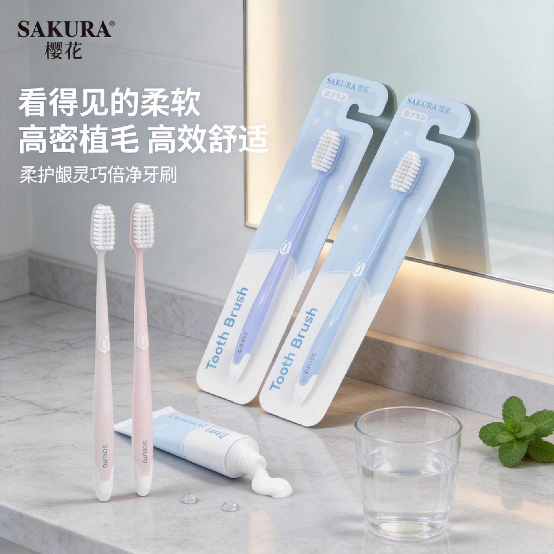 【樱花Sakura】宽头软毛牙刷宽速洁细丝软毛呵护装家庭套装