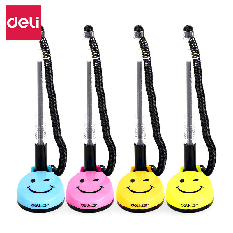 得力微笑台笔 柜台笔桌面固定中性笔 银行插式带线水笔四支装包邮