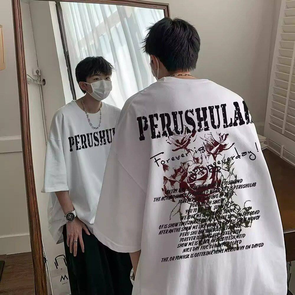 后背玫瑰印花短袖T恤男夏季重磅港风潮牌宽百搭高级感上衣ins