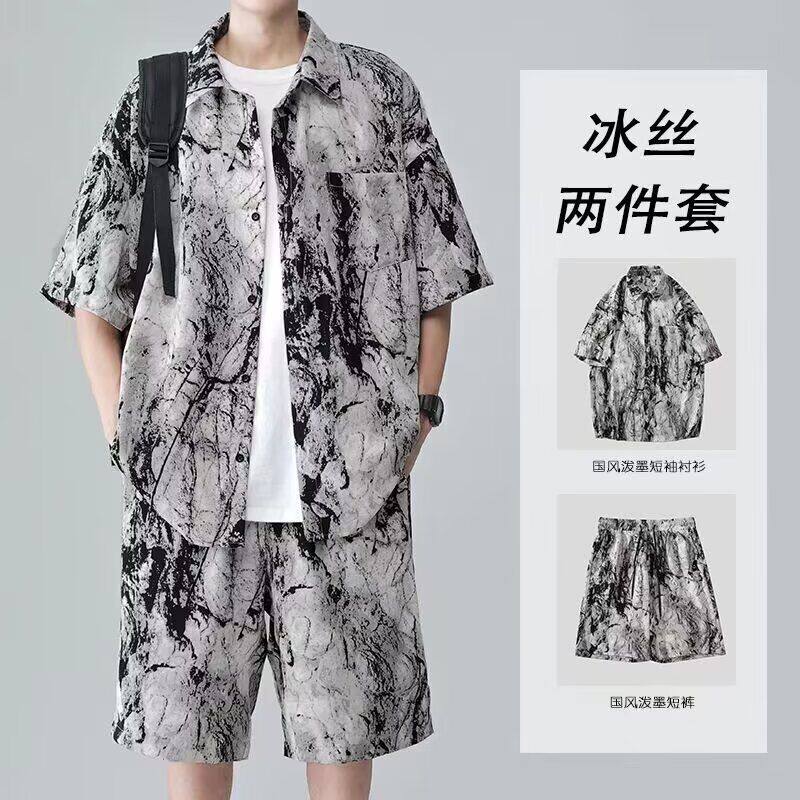 港风夏季冰丝透气男士短袖套装