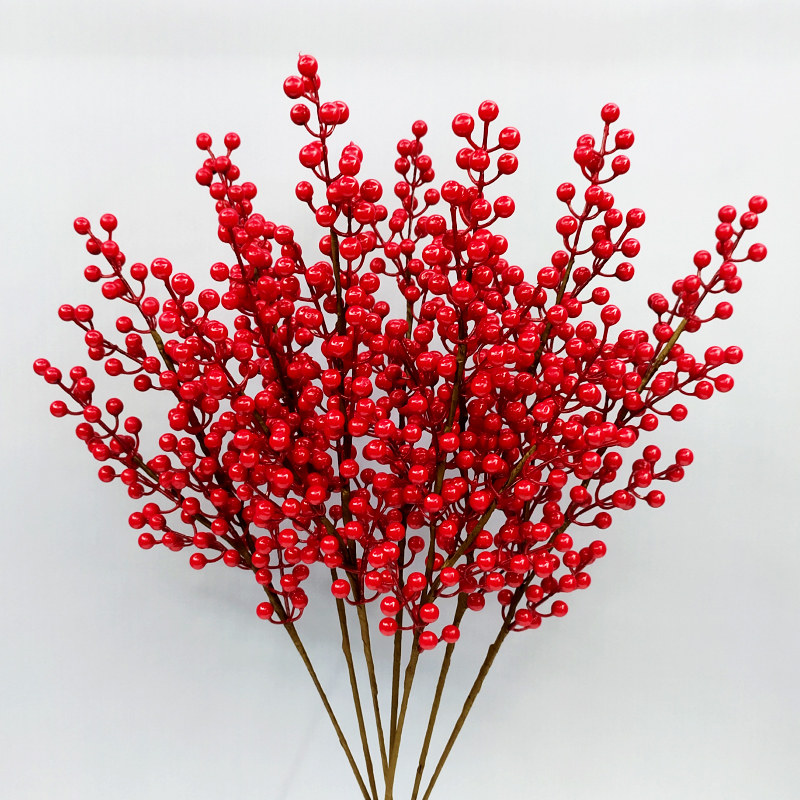 红色发财果红果子假花客厅招财干花摆设摆件北美冬青浆果仿真花
