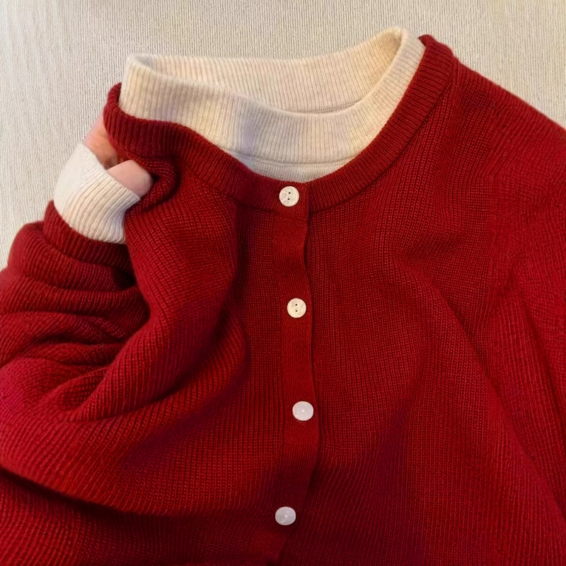 新年红色高级感假两件圣诞红针织衫女秋冬慵懒风圆领打底内搭毛衣,女装/女士精品,毛针织衫,淘宝优惠券,粉丝福利购,淘宝优惠卷