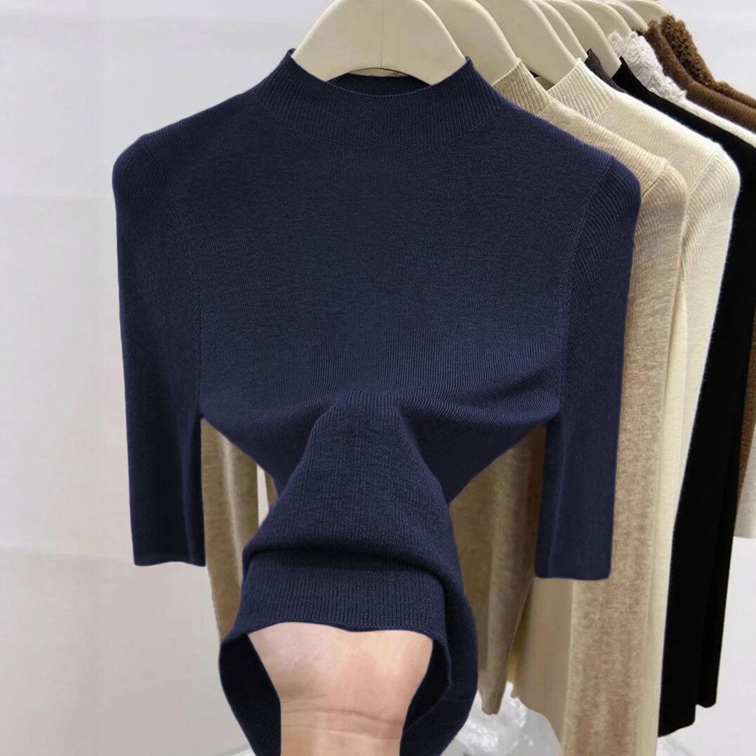 2025早秋新款半高领针织衫女修身显瘦百搭中袖纯色打底衫简约上衣,女装/女士精品,毛针织衫,淘宝优惠券,粉丝福利购,淘宝优惠卷