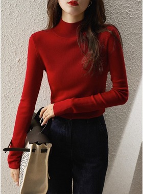 红色半高领打底衫女秋冬软糯羊毛复古针织衫修身中领毛衣气质上衣