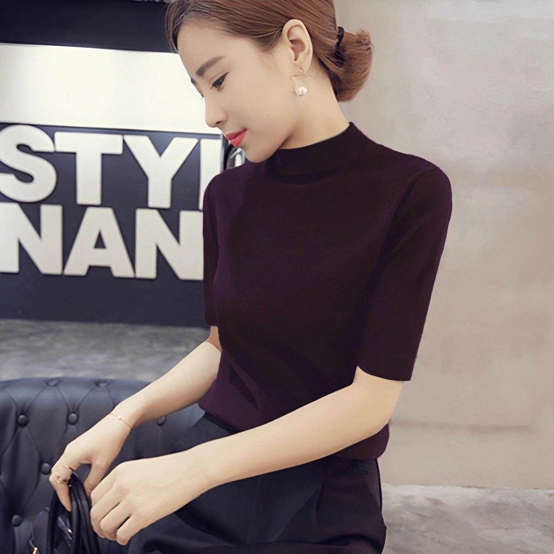 精纺羊毛春秋季半高领中袖针织衫女无缝一线成衣五分袖修身打底衫,女装/女士精品,毛针织衫,淘宝优惠券,粉丝福利购,淘宝优惠卷