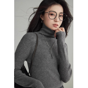 堆堆领灰色针织打底衫 保暖羊毛软糯高领内搭高级感毛衣 女秋冬法式