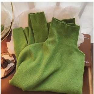 堆堆领打底衫女秋冬欧货内搭修身洋气牛油果绿毛衣厚款高领针织衫