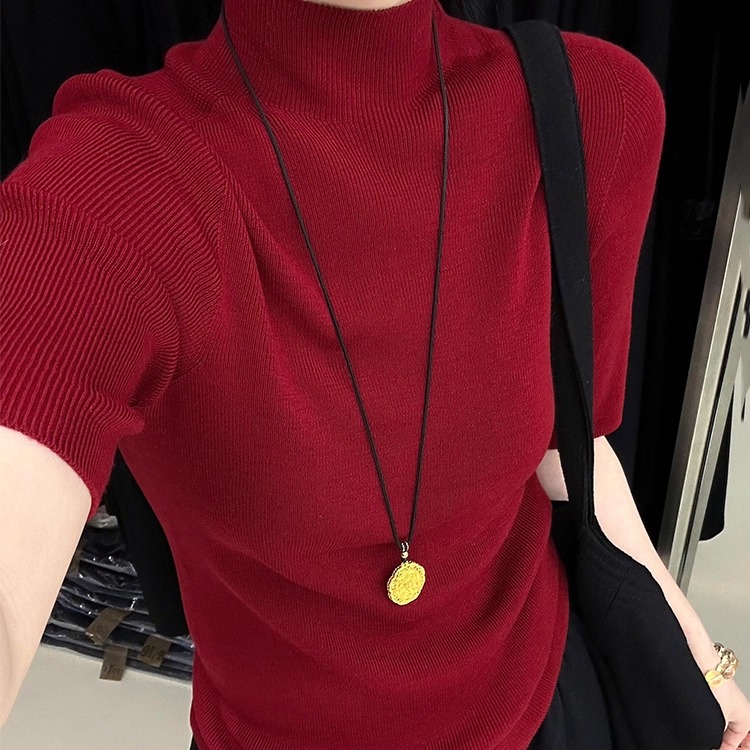 红色半高领打底衫五分袖修身薄款针织衫半袖内搭气质巨好看的上衣