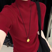 五分袖 半袖 修身 红色半高领打底衫 薄款 针织衫 内搭气质巨好看 上衣