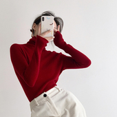 红色新年毛衣2025秋冬新款 高领打底衫 紧身高弹内搭堆堆领针织上衣