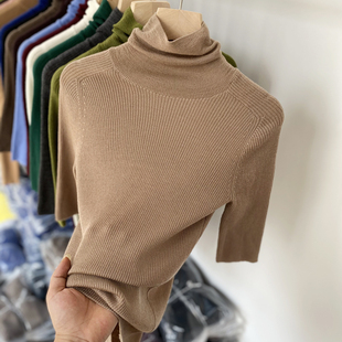 黑色高领中袖打底衫女春秋内搭修身翻领毛衣2025新款五分袖针织衫