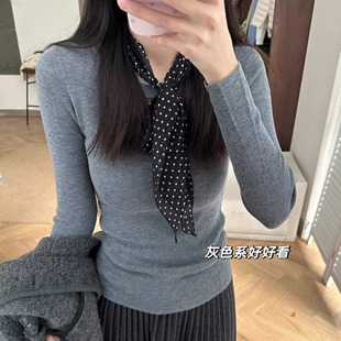 韩系圆领针织衫女2025秋冬新款毛衣内搭打底衫软糯亲肤灰色上衣
