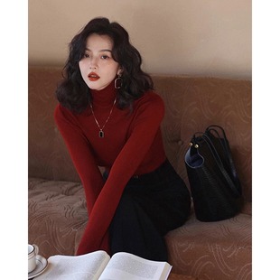 新年红高领内搭毛衣女2026秋冬新款法式复古针织衫羊毛紧身打底衫