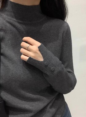 2026秋冬新款半高领羊毛针织打底衫女套头百搭修身设计感灰色毛衣
