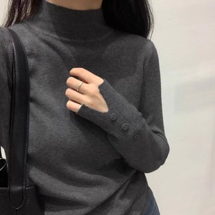 2026秋冬新款半高领羊毛针织打底衫女套头百搭修身设计感灰色毛衣