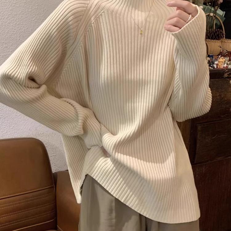 半高领宽松坑条毛衣女