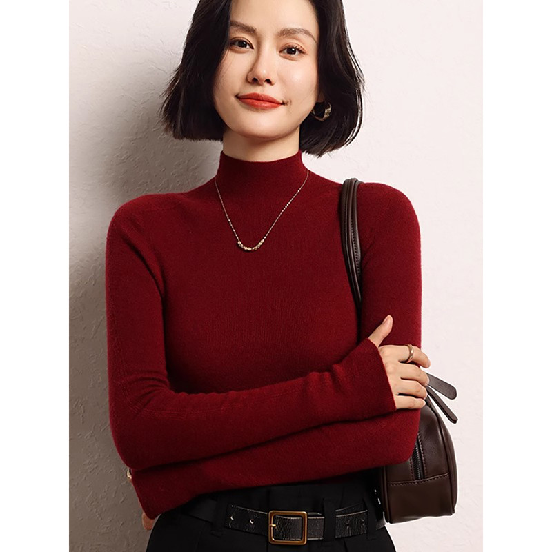 新年红半高领秋冬针织衫打底衫女羊毛紧身上衣内搭保暖本命年毛衣