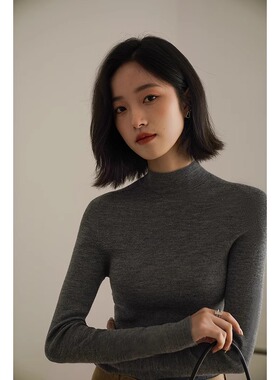 法式灰色半高领针织衫女秋冬新款内搭羊毛薄款打底衫中领气质毛衣