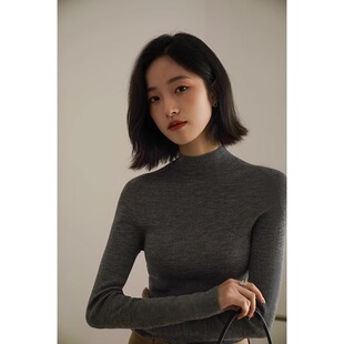 打底衫 法式 内搭羊毛薄款 女秋冬新款 中领气质毛衣 灰色半高领针织衫