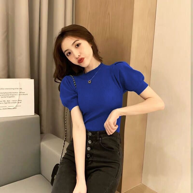 冰丝半高领泡泡袖针织上衣