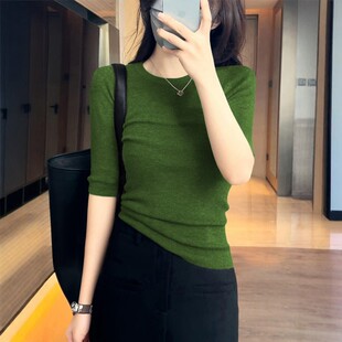 打底衫女春夏季修身圆领抹茶绿针织衫洋气新款休闲修瘦五分袖上衣