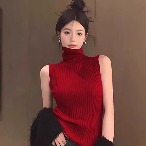 修身显瘦秋季红色针织背心高领